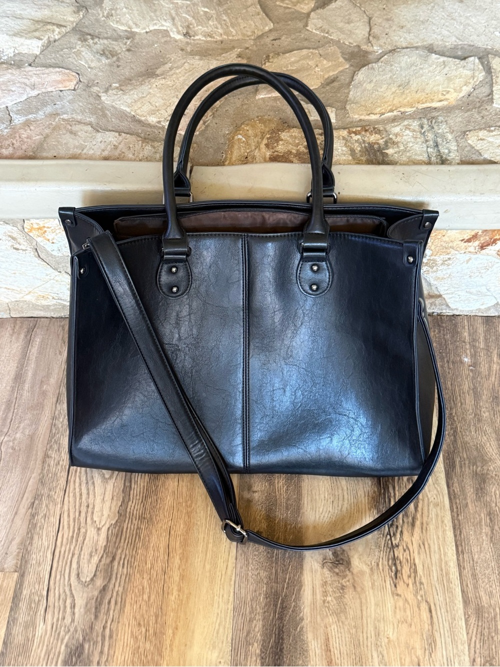 Black Leather Tote Bag with Shoulder Strap